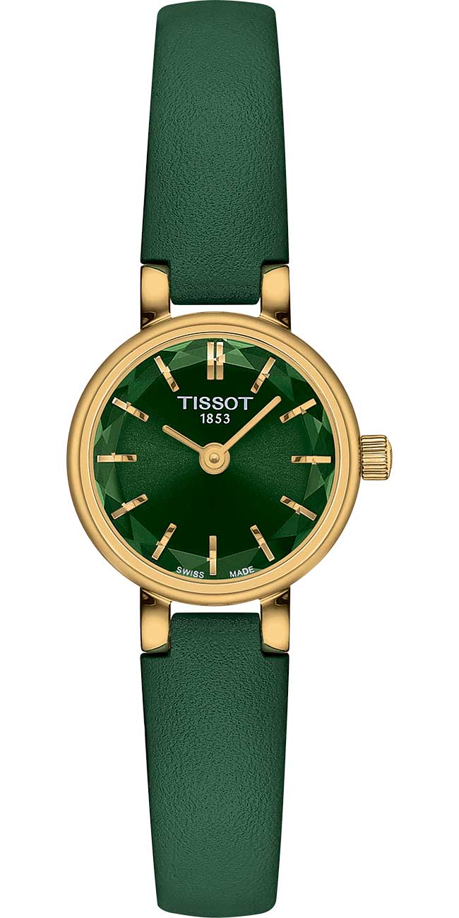 Front view of tissot gold and green watch